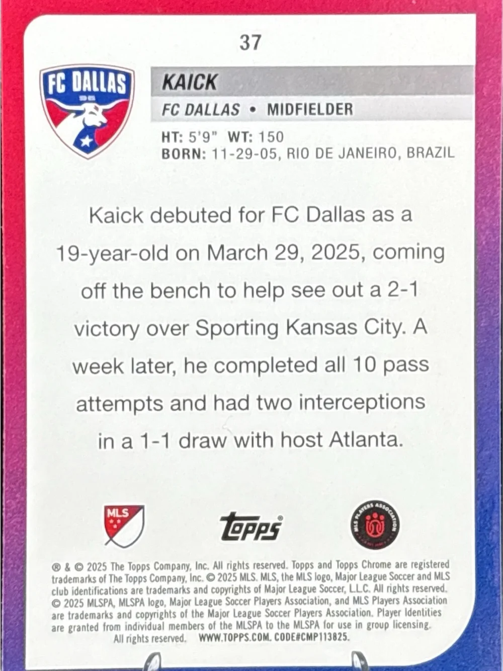 Topps Chrome Kaick Blue Rookie Soccer Trading Card - Refractor